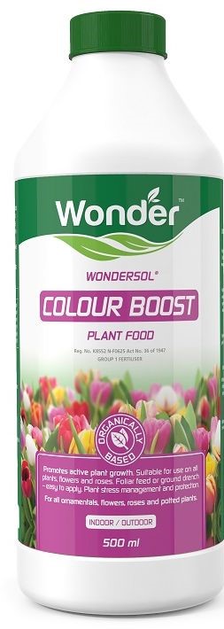 Wondersol colour boost is a unique balanced liquid plant food specially formulated to contain macro- and micro nutrients. The product has organically based plant growth stimulants from Kelpak (Reg. No. L2414) that stimulate growth and nutrient plant uptake based on fulvic- and amino acids. Suitable for all indoor and outdoor plants.