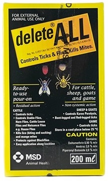 Cattle: Controls ticks. Controls stable flies, horn flies, cattle louse flies and nuisance flies, e.g. house flies. Kills lice (biting and sucking) and mange mites. Protects against blackflies. Easy application along backline. Sheep and goats: Controls Karoo paralysis, bont-legged and red-legged ticks. Cattle: Controls ticks. Controls stable flies, horn flies, cattle louse flies and nuisance flies, e.g. house flies. Kills lice (biting and sucking) and mange mites. Protects against blackflies. Easy application along backline. Sheep and goats: Controls Karoo paralysis, bont-legged and red-legged ticks. Game: Controls ticks.