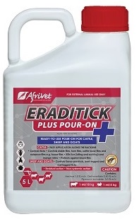 Ready-to-use pour-on for cattle, sheep and goats. Cattle: easy application along the backline. Controls ticks, stable flies, horn flies, cattle louse flies and nuisance flies e.g. house flies. Kills lice (biting and sucking) and mange mites. Protects against blackflies. Sheep and goats: controls Karoo-paralysis, bont-legged and red-legged ticks.