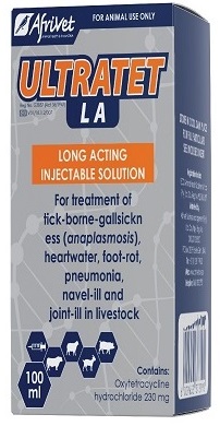 Ultratet L.A. is indicated for the treatment and control of conditions caused by, or associated with, oxytetracycline-susceptible organisms. Its long action is recommended where for veterinary, practical or economic reasons it is not possible or desirable to handle and treat the animal frequently. Cattle: For the treatment of tick-borne gall sickness (anaplasmosis), heartwater, foot rot, pneumonia, navel-illand joint-ill. Sheep and goats: For treatment of heartwater, foot rot, pneumonia, navel-ill and joint-ill. Pigs: For treatment of foot rot, pneumonia, navel-ill and joint-ill.