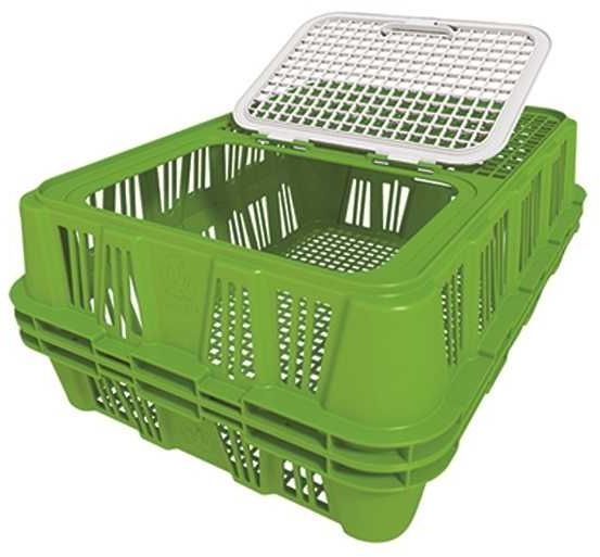 The space saver live bird crate stacks with the existing crate. It is easy to unclip, allowing the top half to stack into the bottom half, thus requiring five times less storage space and 80% less space when transporting, and allowing for easier cleaning. The unique diamond profile between stacked crates allows for improved air flow.