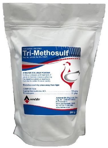 Tri-methosulf is indicated for prophylaxis and treatment of sensitive bacterial infections affecting the digestive system or respiratory tract in poultry.