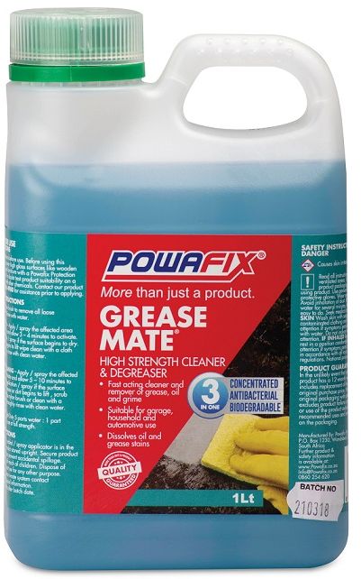 Powafix grease Mate is a fast acting Liquid for removing grease, oils and grime. This product is Suitable to use in households, garages and for automotive use.