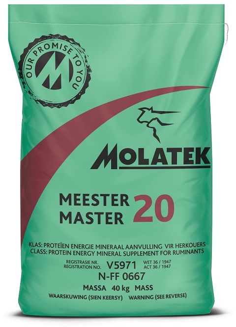 Molatek Master 20 is an excellent and versatile protein- energy supplement. It is suited for pregnant and lactating beef cattle, young ewes and heifers on veld. It can also be used to supplement lower quality green pastures, for example natural, mature veld pastures or grazing with less than 12% crude protein, as well as on winter veld. An excellent production lick at the end of winter when pasture availability is low. Also helps weaner calves to sustain their body weight on winter veld. Provides the necessary minerals and trace minerals critical for production and reproduction.