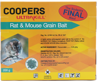 Highly active anticoagulant grain bait for the control of the Norway rat, roof, rat and house mouse.