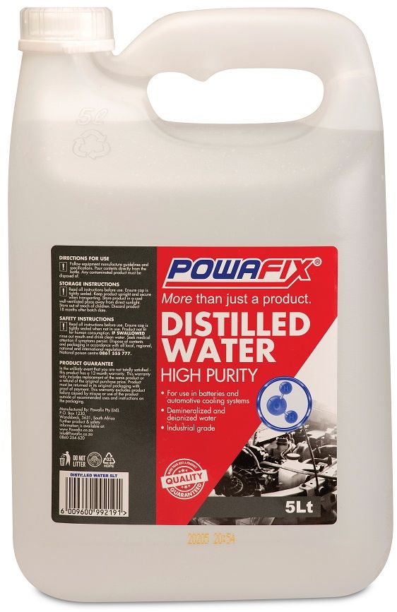 Powafix Distilled Water is a clear de-mineralised or deionised water for use in batteries and automotive cooling systems.