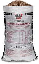 VOERMOL SUPERLAMB PELLETS (V17425). Class: Protein, Energy, Mineral & Trace Mineral Supplement for Ruminants. VOERMOL SUPERLAMB PELLETS is a high quality, ready-mixed supplement for ruminants in pellet form & is specially developed for the finishing of weaner lambs on a dense stand of abundant, actively growing, palatable & lush green natural veld or cultivated pastures of high quality. Suitable for late pregnant ewes with twin foetuses, lactating ewes nursing twins, flush feeding of breeding ewes & rams prior to mating, as well as for growing out young replacement ewes on any type of green pastures & Karoo Shrubs. It can also be used as a supplement for rearing rams on pastures. The high bypass protein intake promotes testicular growth & sperm production of rams, which in turn improves the lambing percentage. Easy to handle & convenient to use. It is ideal for situations where problems are experienced with mixing licks due to insufficient labour and/or lick troughs.