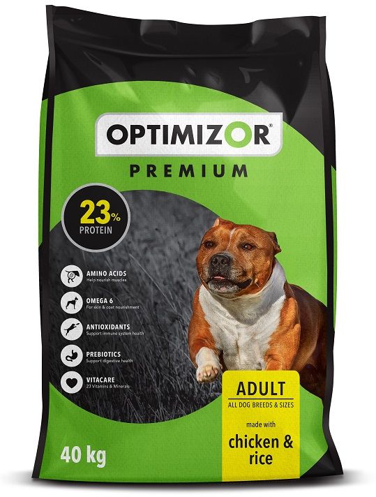 Optimizor Premium Adult with chicken and rice, with 23% protein, is a high-quality dog food specially formulated for active dogs. Our resident animal nutritionist and veterinarian has ensured a balanced formula of high-quality poultry meat and rice, together with VitaCARE, all to ensure optimal levels of protein for strong muscles and to promote a healthy immune system. Amino Acids to help nourish muscles, Omega 6 for skin & coat nourishment, Antioxidants to support immune system health, Prebiotics to support digestive health, 23 Vitamins and Minerals.
