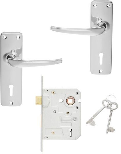 Lockset 4 lever premium complete with heavy duty handles chrome steel chrome plated SABS approved twist & pull reversible latch 10 year guarantee & fits local Keys.