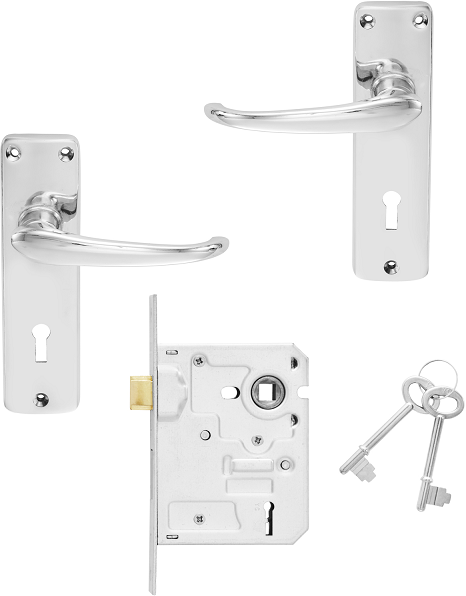 Lockset 2 lever commercial complete with heavy duty handles chrome steel chrome plated SABS approved twist & pull reversible latch 15 year guarantee & fits local keys.