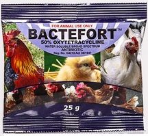 "Bactefort (50% Oxytetracycline HCl) is a broad spectrum antibiotic effective against gram-positive and gram-negative bacteria, as well as Mycoplasma. Poultry: Treatment of chronic respiratory disease, Infectious synovitis, Infectious hepatitis, Fowl cholera and diseases caused by organisms sensitive to the oxytetracycline during the first days of growth. Swine: Treatment of pneumonia caused by Pasteurella spp, Pleuropneumoniae caused by Actinobacillus, Swine erysipelas, Bacterial enteritis, MMA Syndrome and diseases caused by organisms sensitive to the oxytetracycline Dosage and Administration Poultry (Layers, breeders and broilers) - Large operation: 100mg / 1kg live body mass In the morning for 3-5 days Poultry (Layers, breeders and broilers) - Small Operations: 5g / 10lt clean drinking water In the morning for 3-5 days Swine Treatment: 10g / 10lt clean drinking water In the morning for 3-5 days."