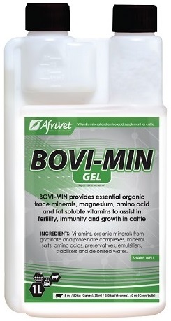 Vitamin, Mineral and Amino acid supplement for Cattle. BOVI-MIN provides essential organic trace minerals, magnesium, amino acid and fat soluble vitamins to assist in fertility, immunity and growth in cattle.