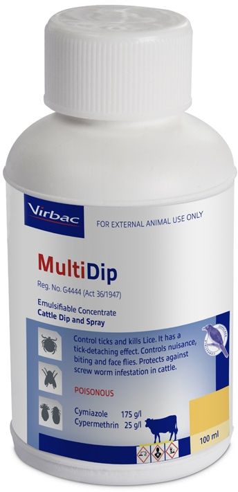 The combination emulsifiable concentrate to be used in a Plunge dip / Spray race/ Hand spray that controls ticks and kills lice. It has a tick detaching effect. Controls nuisance, biting and face flies. Protects against screw worm infestation in cattle. COMPOSITION: Cymiazole 175g/l, Cypermethrin 25g/l. COMPOSITION: Cymiazole 175g/l, Cypermethrin 25g/l. OXPECKER- COMPATIBLE. PLUNGE-DIPPING: Fresh fill (charge): 15: 1 000 (15lt to 1 000lt water) Replenish: 3: 1 000 (3lt to 1 000lt water). SPRAY RACES: 15: 1 000 (15lt to 1 000lt water). Boost spray wash by adding 200ml of MultiDip after every 100 head of cattle dipped.