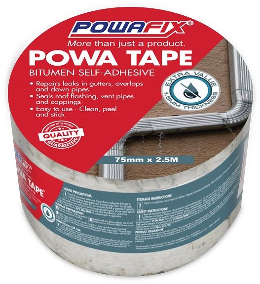 Powa Tape is an easy to use bitumen self-adhesive water proofing tape strip that can be applied to a variety of clean, well prepared surfaces. Powa Tape creates a water tight, Long Lasting seal on roof tiles, metal surfaces and fibre cement down pipes, gutters, roof flashings and vent pipes.