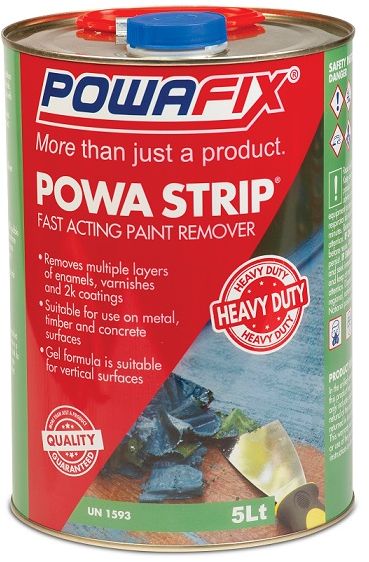 Powafix Powa Strip is a fast acting, heavy duty, non-slumping paint remover that removes multiple Layers of paint in one application.