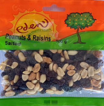 Salted peanuts and raisins.