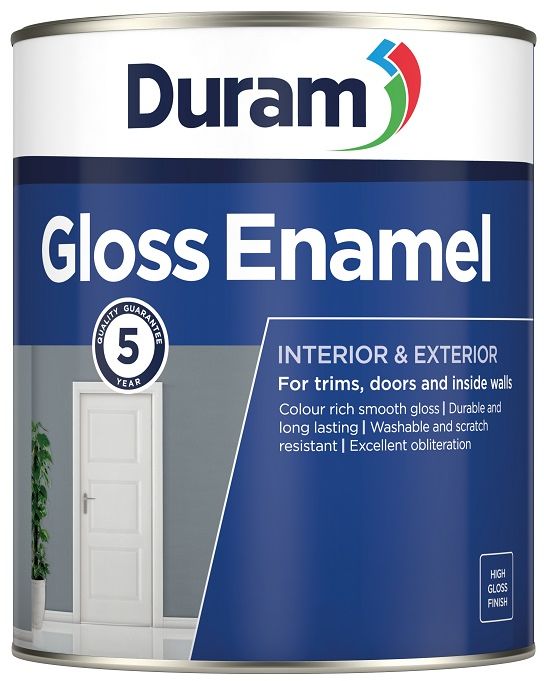 For trims, doors, windows and inside walls. Colour rich smooth gloss with a flawless, self levelling finish Contains polyurethane for toughness Washable with dirt retention Abrasion, scratch, stain and steam resistant. Low splatter with excellent obliteration Gloss Enamel White 5L can be tinted with Duram ColorPro stir-in paint colour This product has a 5 year quality guarantee. An attractive, colour rich and long lasting gloss enamel for trims, doors, windows and inside walls, with a 5 year quality guarantee.