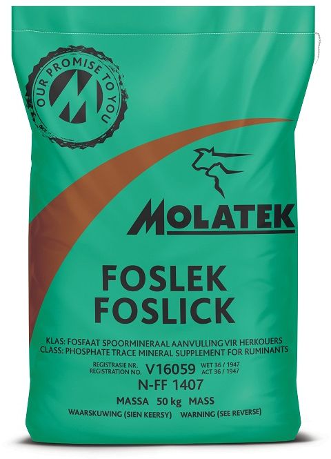 Molatek Foslick is a scientifically formulated, ready-mixed phosphate lick. This ideally balanced and highly absorbable phosphate supplement, not only provides phosphate but the animals daily trace mineral needs as well. It contains 5% phosphate as well as the seven essential trace minerals. The supplement also contains 10% crude protein (CP) ensuring the animal receives the necessary CP requirement should the levels in the pasture drop below 8%, as can happen during a mid-summer drought. Improves utilisation of energy from green pastures/veld.