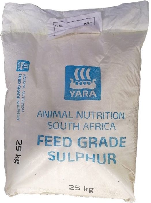 Feed Grade Sulphur is elemental Sulphur in a powder form to supply cattle, sheep & goats with Sulphur in diets, where non-protein nitrogen (NPN) supplies a large portion of the protein. Supplying Sulphur to micro organisms in the rumen will improve the conversion of NPN to microbial protein. Recommended for use in feed mixes containing non-protein nitrogen (NPN). Feed Grade Sulphur & Feed Grade Urea may be added to low quality roughages. Rate of 0.75kg Sulphur to 1 ton roughage to supply additional Sulphur. Can be added to phosphorus licks as a preventative measure against prussic acid & against poisoning in wilted pastures.