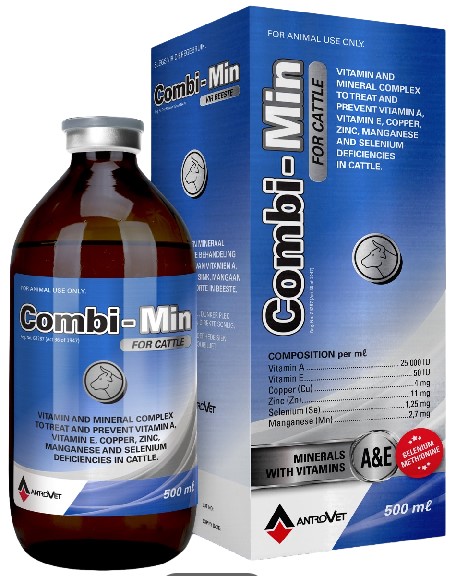 Combi-min for Cattle is an injectable to treat and prevent vit A, vit E, copper,zinc, manganese and selenium deficiencies in cattle.