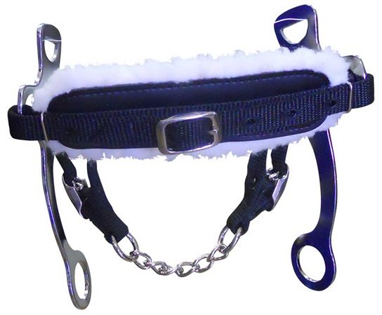 Control without a steel bit in the horse's mouth. Short steel shanks with an adjustable padded fleece noseband and an adjustable steel/webbing curb chain. Popular with show jumpers and endurance riders. Works by exerting more pressure on the horse's face than on the nose or poll. Can be used for horses who have injuries in their mouths.
