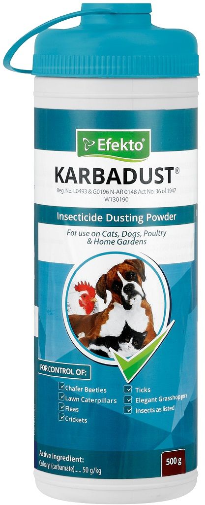 Insecticide dusting powder for home garden and animal use. A residual contact and stomach poison for the control of pests as listed.