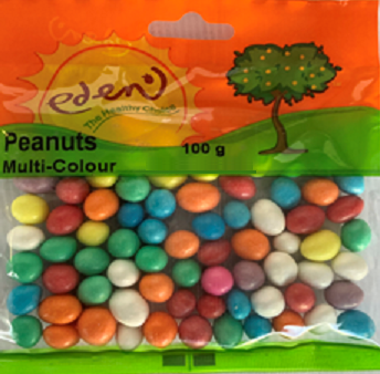 Peanuts coated with a sweet layer (Flavourants, colourants, thickener).