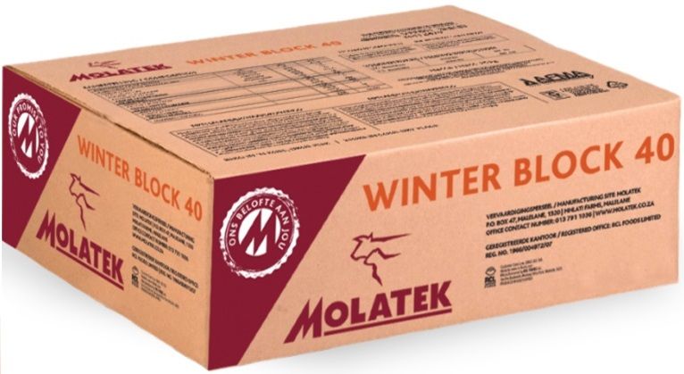 Molatek Winter Block 40 is easy to handle and is used when the quality of pasture is low. It ensures optimum condition and weight of cattle on dry veld, as well as maximum intake of crop residues and winter pasture. Ensures the safe feeding of urea because it is dissolved in molasses during the production process. Increases conception percentages by supplementing trace minerals such as zinc, copper, cobalt, iodine, selenium and Sulphur which are deficient on dry pastures. Has a laxative effect which helps to prevent dry gall sickness. Although suitable for sheep, we recommend Molatek sheep licks and blocks which are specifically formulated according to the ewes bypass protein requirements. Stimulates appetite to increase intake and digestibility of dry matter to restrict weight loss during winter. The combination of protein and trace minerals stimulates the digestion of low-quality pasture/veld as it stimulates the digestion process of the microbes in the rumen.