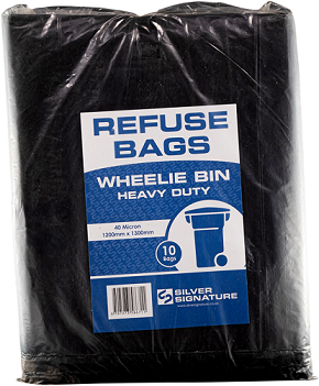 Heavy duty wheelie bin bags 40 micron x 10 per pack.