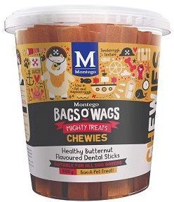 Healthy Butternut Flavoured Dental Sticks. Highly nutritious, wagtastically delicious, Bags O' Wags are the treats dogs love to get and they're full of yummy goodness. The Bags O' Wags range of treats make on excellent reward for good behaviour. a tempting incentive when training or a between meal-snack that hits the spot. Ideal for daily use, Bags O' Wags treats make the perfect complement to every Montego Pet Nutrition dry or wet food diet. Bags O' Wags treats are made to the same high standards as all Montego Pet Nutrition products, using only the finest ingredients, prepared to perfection in our world-class facility. Disclaimer: Treat only, not a complete and balanced diet.