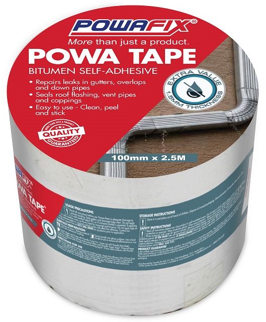 Powa Tape is an easy to use bitumen self-adhesive water proofing tape strip that can be applied to a variety of clean, well prepared surfaces. Powa Tape creates a water tight, long lasting seal on roof tiles, metal surfaces and fibre cement down pipes, gutters, roof flashings and vent pipes.