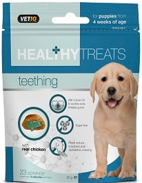 Treats with real chicken for dogs and puppies. With Clove Oil to soothe sore, irritated gums. Sugar free. Helps reduce unwanted and destructive chewing.