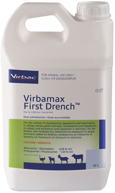 Oral anthelmintic for the control of roundworms, tapeworms and nasal bot in sheep, lambs, goats and kids. Wireworm and tapeworm in ostriches. Roundworms and tapeworms in calves. COMPOSITION: Abamectin 0,08% m/v, praziquantel 1,50% m/v. COMPOSITION: Abamectin 0,08% m/v, praziquantel 1,50% m/v. Roundworm, nasal worm and tapeworm remedy for sheep, goats, cattle and ostriches Controls Australian itch mite 25ml per 10kg body mass. Effective against all 4 types of tapeworms, Milk, serrated, narrow and liver tapeworm. Ovicidal: Roundworm eggs present in the animal at the time of dosing are prevented from hatching.