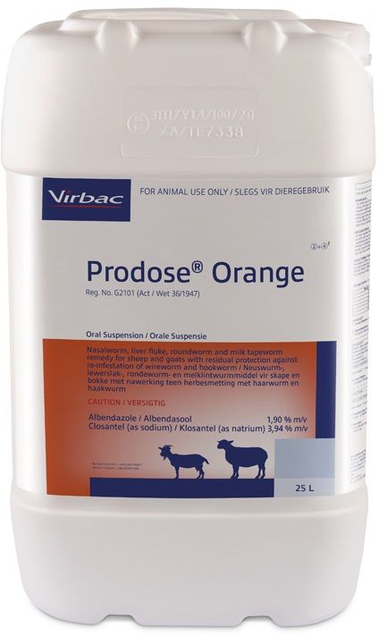 Nasal bot, liver fluke, roundworm and milk tapeworm remedy for sheep and goats with residual protection against re-infestation of wireworm and hookworm. COMPOSITION : Albendazole 1,90% m/v, Closantel (as sodium) 3,94% m/v. COMPOSITION : Albendazole 1,90% m/v, Closantel (as sodium) 3,94% m/v. Dosage: Roundworm, liver fluke and Milk tapeworm : 2ml per 10kg. 5 Weeks residual against wireworm and 2 weeks residual against hookworm. Ovicidal: Roundworm eggs present in the animal at the time of dosing are prevented from hatching.