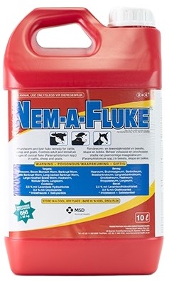 Targets: Wireworm, brown stomach worm, bankrupt worm, cattle bankrupt worm, long-necked bankrupt worm, large-mouthed bowel worm, hookworm, nodular worm and lungworm.Dosage form: Solution.Composition: Levamisole hydrochloride 2,5% m/v, oxyclo-zanide 3,4% m/v (imidathiazole and salicylanilide).