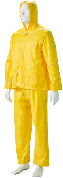 Hi viz rain suit. Heavy duty & water resistant. Ventilated back with mesh lining & aeration holes under the armpit allowing the garment to 'breathe'. Fixed hood with drawstring. Reflective tape on arms, legs, chest & back of jacket. Full non-metal zip closure with storm flap on the front of the jacket. All seams are double stitched and fully taped. Suitable for general mining, outdoor applications and contractor applications.