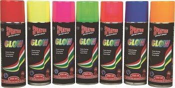 Spray Glow is a bright fluorescent spray paint available in a range of 6 quick drying colours in 250ml aerosol cans.