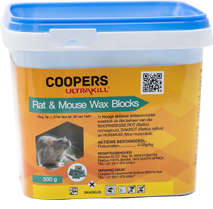 Highly active anticoagulant wax blocks for the control of the Norway rat, roof, rat and house mouse. New bait matrix with a higher quality grain and attractive smell for enhanced odour attraction.