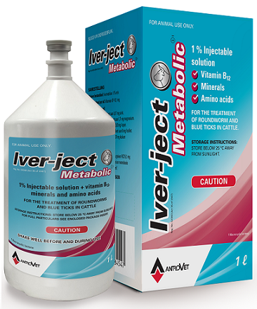 Iver-ject Metabolic is a 1% Ivermectin injectable solution for the treatment of ticks and roundworms.