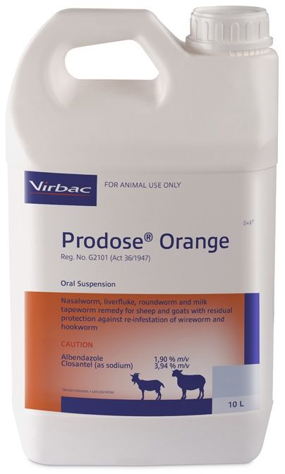 Nasal bot, liver fluke, roundworm and milk tapeworm remedy for sheep and goats with residual protection against reinfestation of wireworm and hookworm. COMPOSITION : Albendazole 1,90% m/v, Closantel (as sodium) 3,94% m/v. COMPOSITION : Albendazole 1,90% m/v, Closantel (as sodium) 3,94% m/v. Dosage: Roundworm, liver fluke and Milk tapeworm : 2ml per 10kg. 5 Weeks residual against wireworm and 2 weeks residual against hookworm. Ovicidal: Roundworm eggs present in the animal at the time of dosing are prevented from hatching.