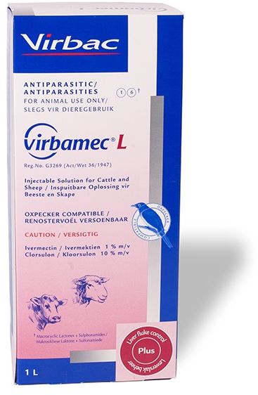 Antiparasitic remedy for cattle, sheep and goats. Injectable for Internal and External parasites plus liver fluke control in cattle and sheep. Injectable for Internal and External parasites plus liver fluke control in cattle and sheep. COMPOSITION : Ivermectin 1% m/v, clorsulon 10% m/v. Cattle: Inject subcutaneously or intramuscularly at 1ml per 50kg body mass. Sheep and goats: Inject subcutaneously at 1ml per 50kg body mass.