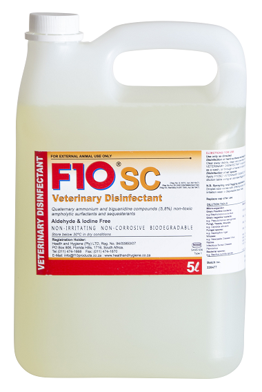 F10 SC Veterinary Disinfectant is a high performance surface acting biocidal compound and due to its inherently low irritation characteristics is widely used within veterinary profession in companion and large animal practices and various other institute.