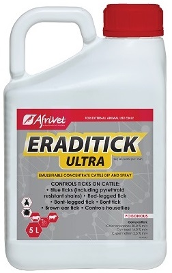 Emulsifiable Concentrate Cattle Dip and Spray. Controls ticks on cattle; Blue ticks; Hyalomma spp.; Amblyomma spp.; Rhipicephalus evertsi; Rhipicephalus appendiculatus. Controls houseflies.