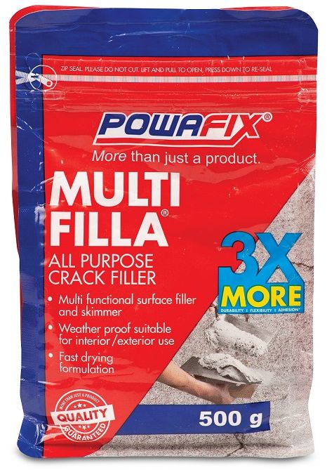 Powafix Multi Filla all purpose crack filler is a tough filler formulated with a unique blend of cement and binders to provide a weather resistant, quick setting and flexible surface for both interior and exterior applications. Multi filla all purpose crack filler dries white.