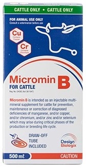 Micromin B is intended as an injectable multi-mineral supplement for cattle for prevention, maintenance or correction of diagnosed deficiencies of manganese, and/or copper, and/or chromium, and/or zinc and/or selenium which may arise during critical phases of the production or Micromin B is intended as an injectable multi-mineral supplement for cattle for prevention, maintenance or correction of diagnosed deficiencies of manganese, and/or copper, and/or chromium, and/or zinc and/or selenium which may arise during critical phases of the production or breeding life cycle.