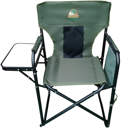 Folding chair includes a foldable side table. Capacity for 1 person, maximum carry weight of 180kg. Primary material: 22mm Heavy duty powder coated steel frame and 600D Oxford nylon cover.