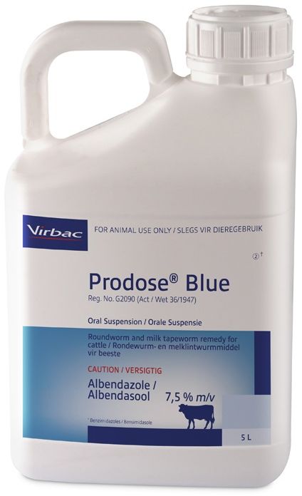 Roundworm and milk tapeworm remedy for cattle. COMPOSITION: Albendazole 7,5% m/v. COMPOSITION: Albendazole 7,5% m/v. Dosage: 1ml/10kg body mass. Roundworm and tapeworms: Milk tapeworm (Moniezia spp): Class 1. Ovicidal: Roundworm eggs present in the animal at the time of dosing are prevented from hatching.