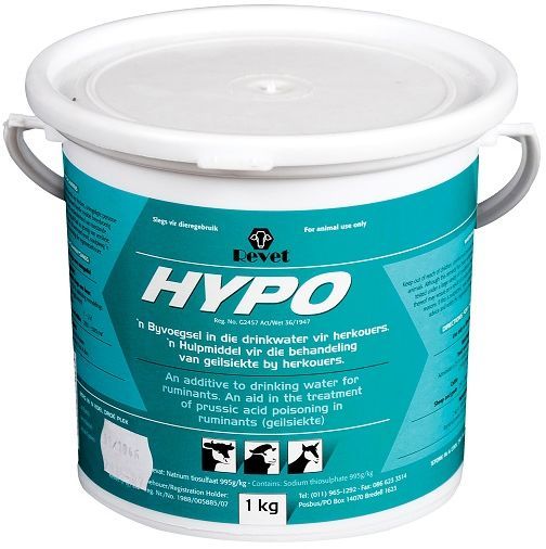 Hypo Sodium Thiosulphate is used as an additive in drink water for ruminants. Directions for Use in Prevention: 2kg Hypo in 1000lt Water. Replenish every 3 to 4 Days. To use as treatment: Treat once only administer 25% solution orally. 250g per liter water. Cattle 1-2lt and goats 250-500ml.