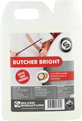 Butcher bright 2lt - septic tank friendly. Specially formulated for the food, beverage and industrial industries as a chlorine-based detergent and sanitizer.