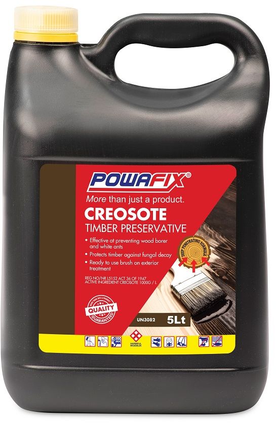 Powafix Creosote is a ready to use wood preservative solution to be used on exterior timber for protection against fungal decay and attack by termites and wood boring insects.